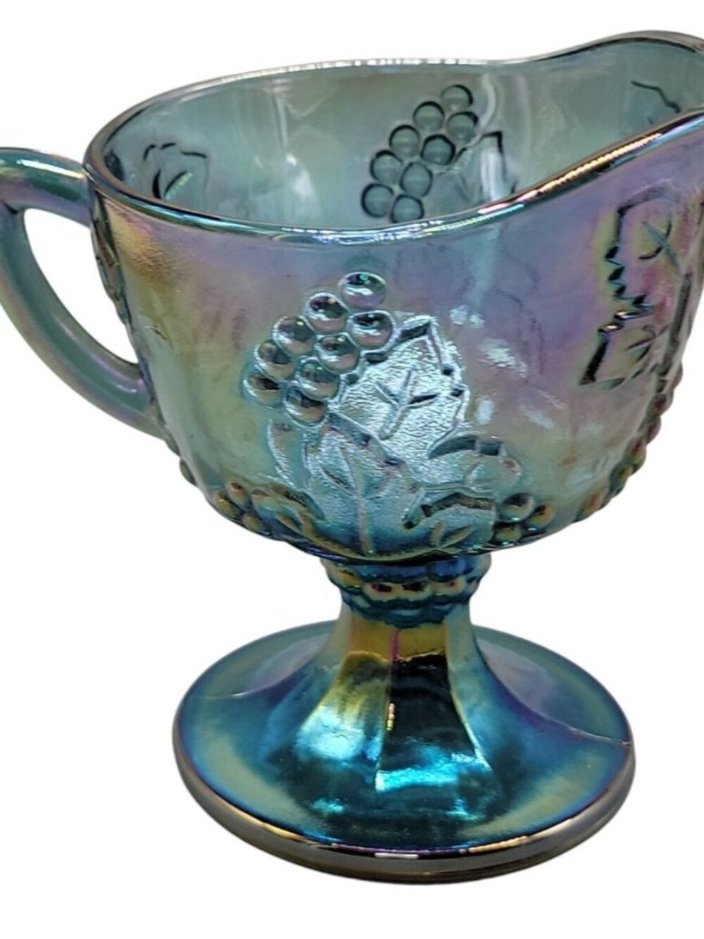 Vtg Colony Indiana Glass Blue Carnival Glass Harvest Grape Footed Creamer 1970s - Picture 2 of 7